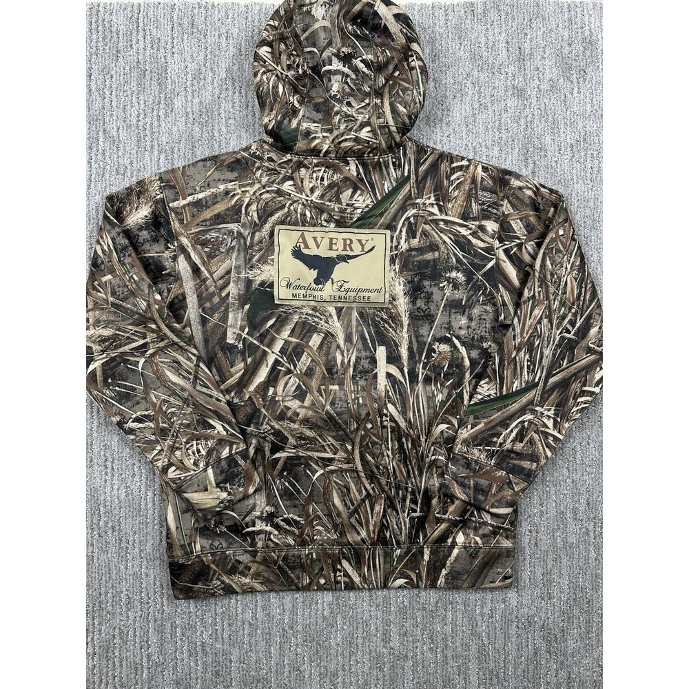 Avery Hoodie Mens Medium Camo Mossy Oak Waterfowl Hunting Fleece Pullover Patch